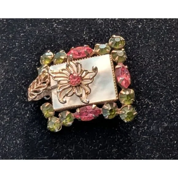 Vintage Pink Green Rhinestone Brooch Pendant Filigree Flower Mother of Pearl - Picture 11 of 14